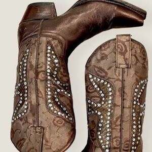 Frye Daisy Duke Floral Metallic Brown Tan Rhinestone Pull On Cowboy Boot
